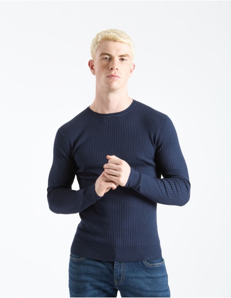 Ribbed viscose crew neck sweater